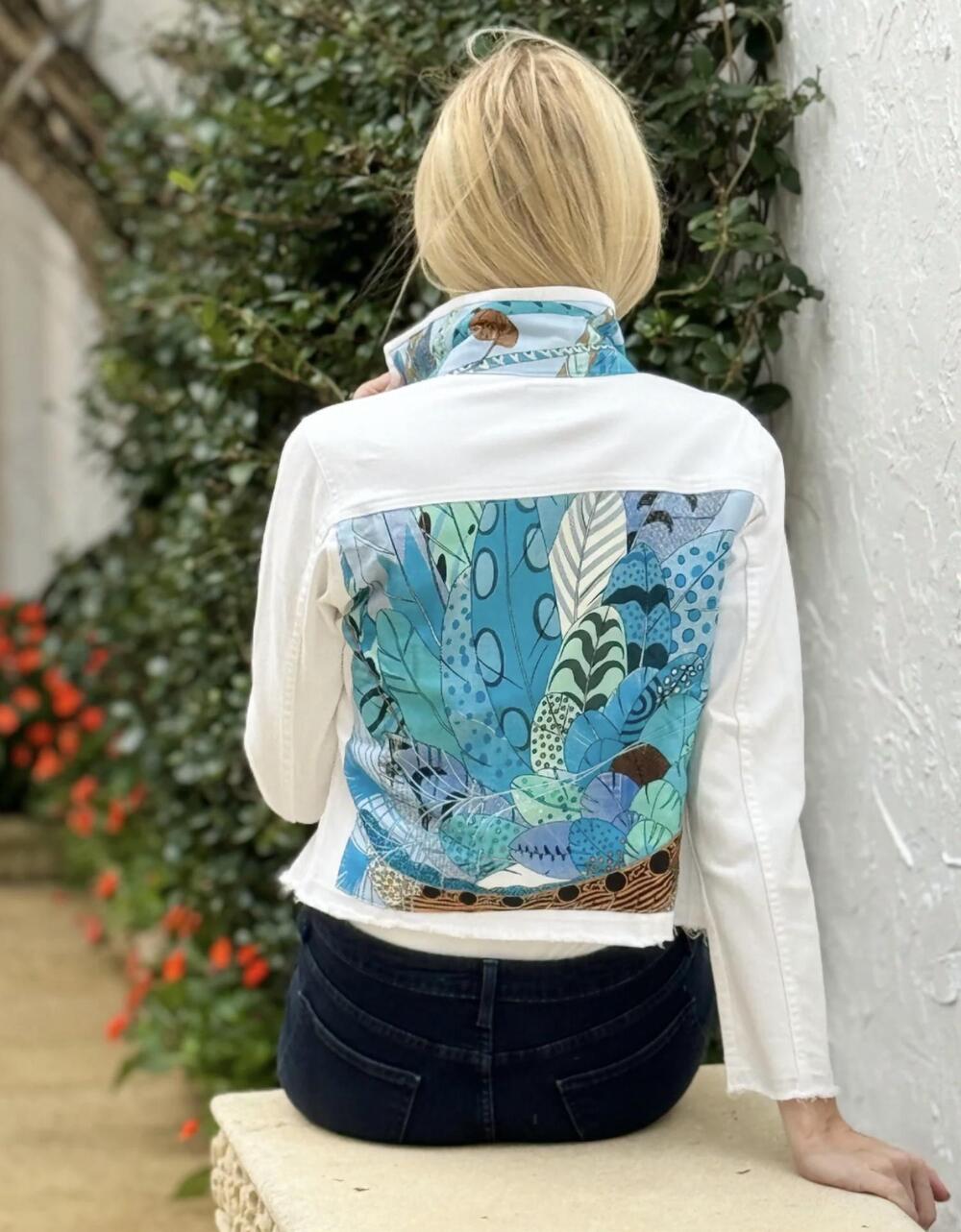 NEW STACY BRADLEY long sleeves denim jacket in sky blue feathers